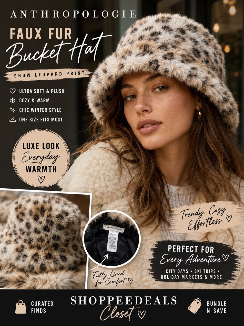 Anthropologie Faux Fur Leopard Print Bucket Hat